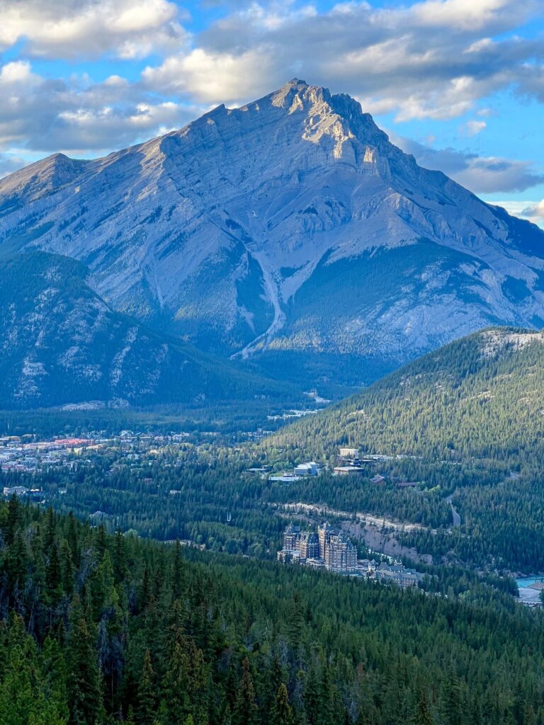 Rocky Mountain view overlooking Banff townsite and the Fairmont Banff Springs hotel.