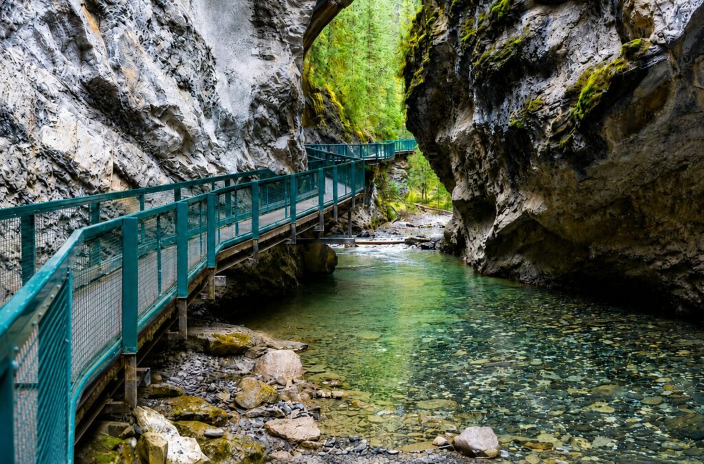 Metal catwalk beside the creek in Johnston Canyon, Banff National Park.